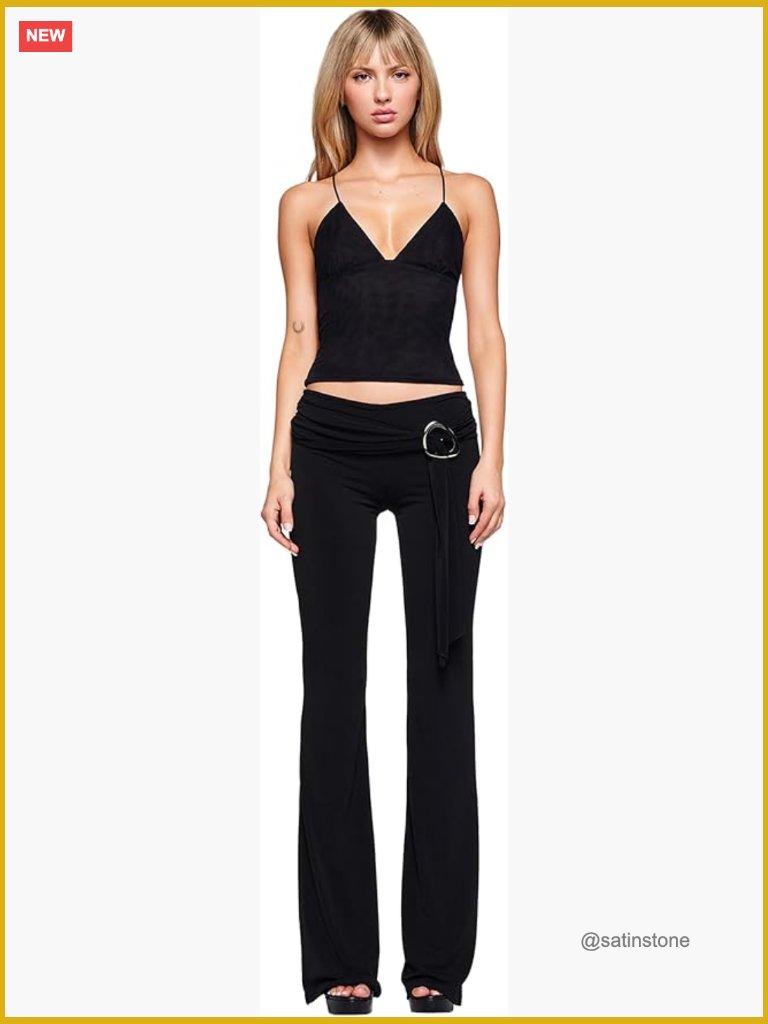 Polyester Blend Low Rise Flare Leg Pants With Silver-Tone Buckle